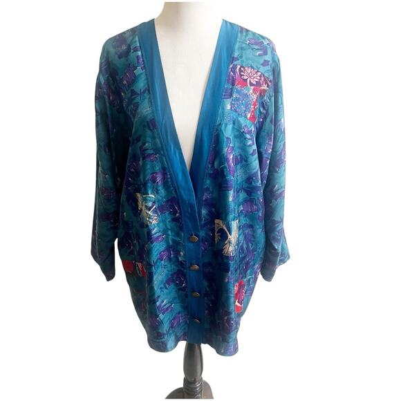 Carole Little Vintage 100% Silk Cardigan Style Sleep Shirt Blue With Patchwork - Picture 1 of 14
